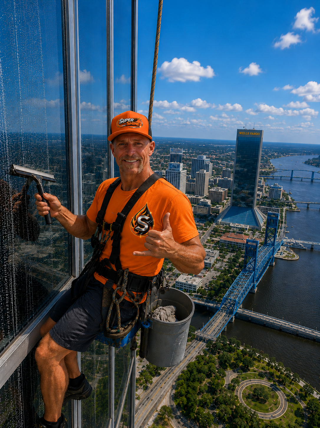 Dannon Weisner performing high-rise window cleaning in a bright orange SuperShine shirt