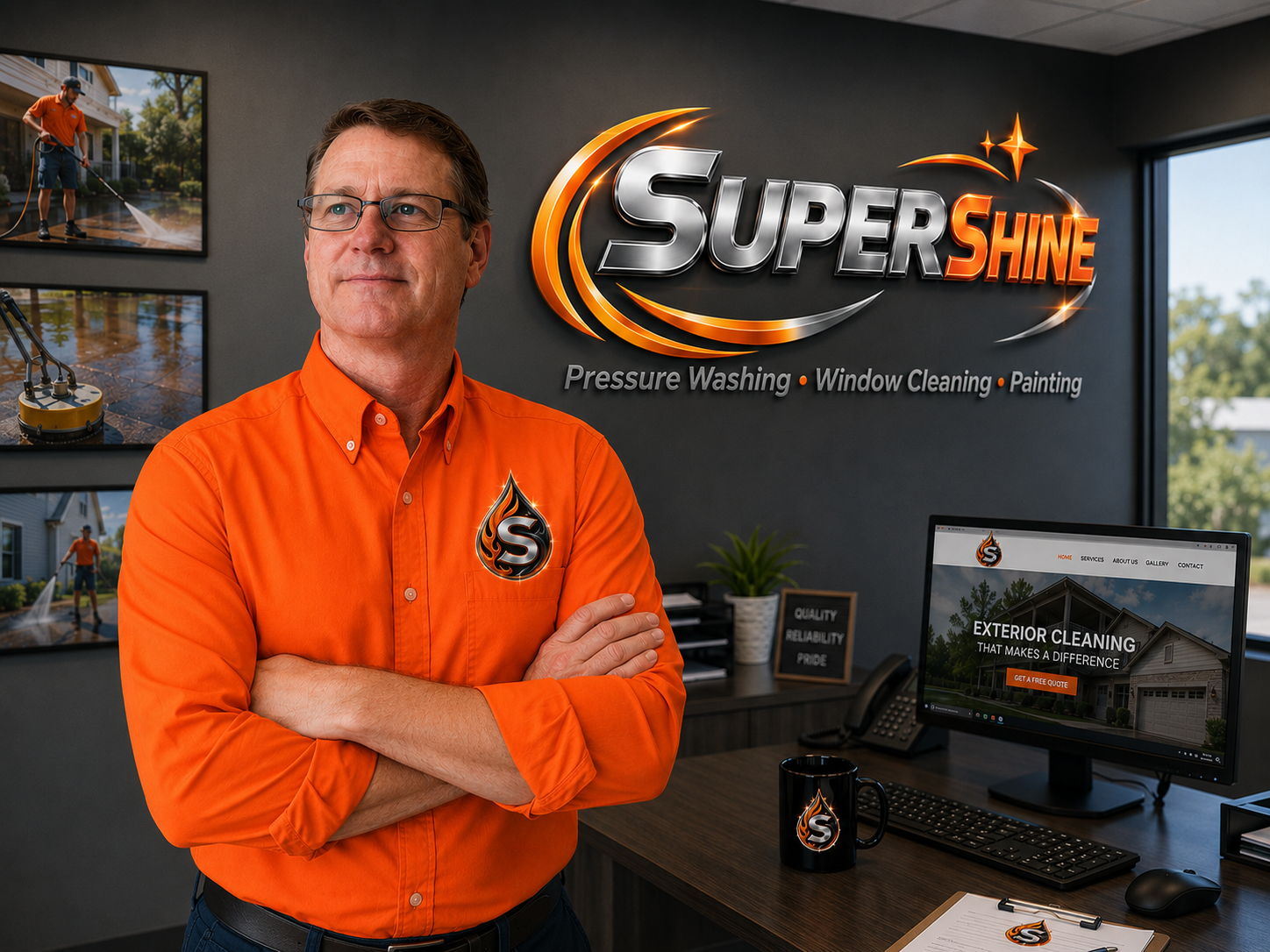 John Williams portrait in a SuperShine office wearing a bright orange branded shirt