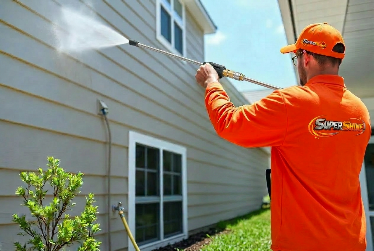 House washing technician in bright orange shirt soft washing exterior siding on a Florida home