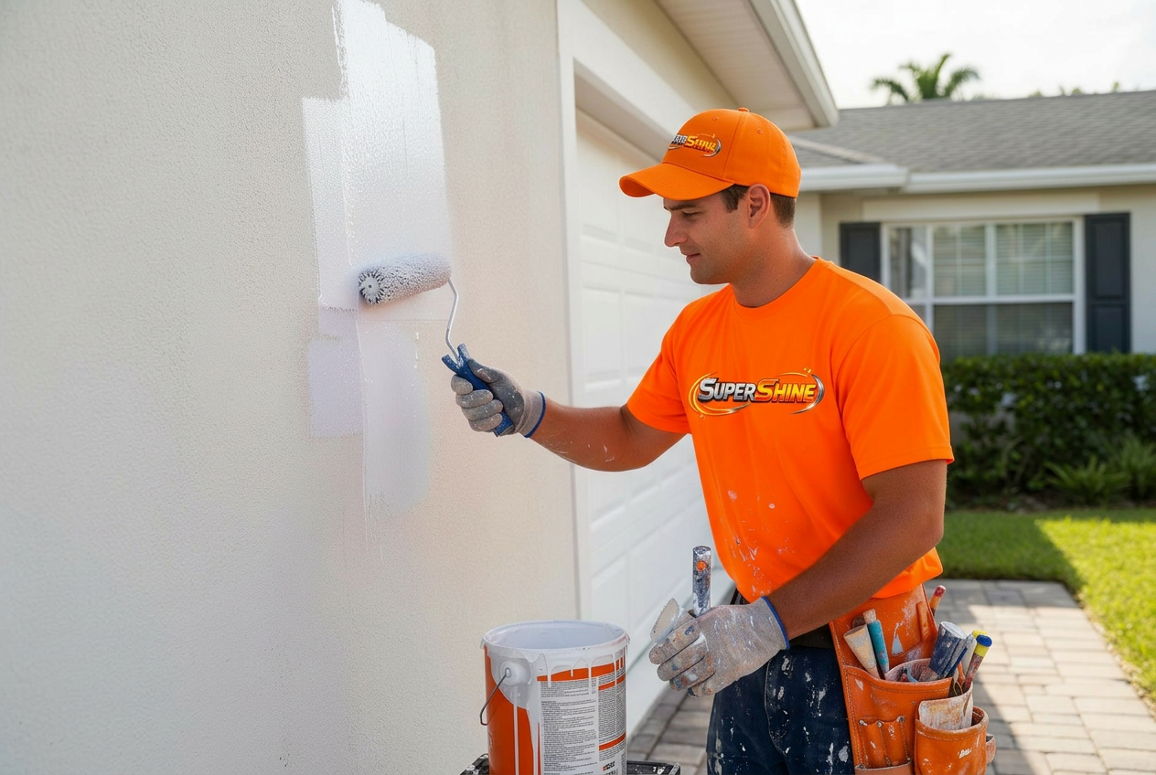 Painter in bright orange branded shirt and hat rolling fresh paint onto a home exterior