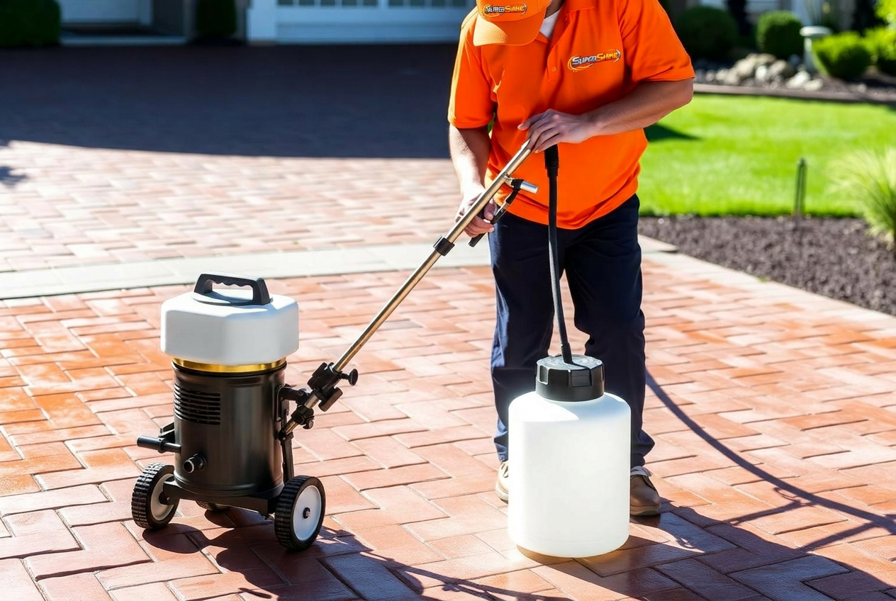 Paver sealing technician in bright orange shirt applying sealant to a beautiful brick paver driveway