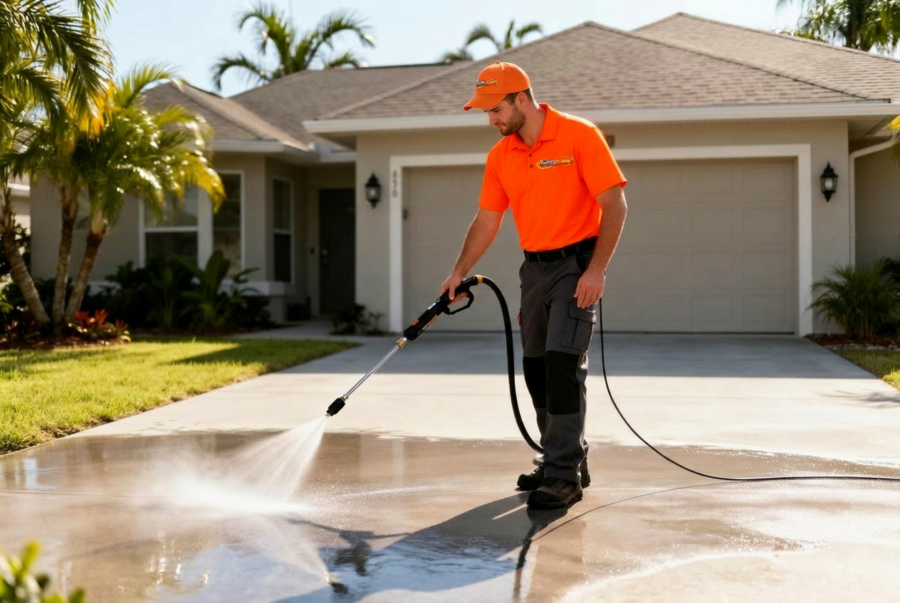 Pressure washing technician in bright orange branded shirt and hat cleaning a concrete driveway