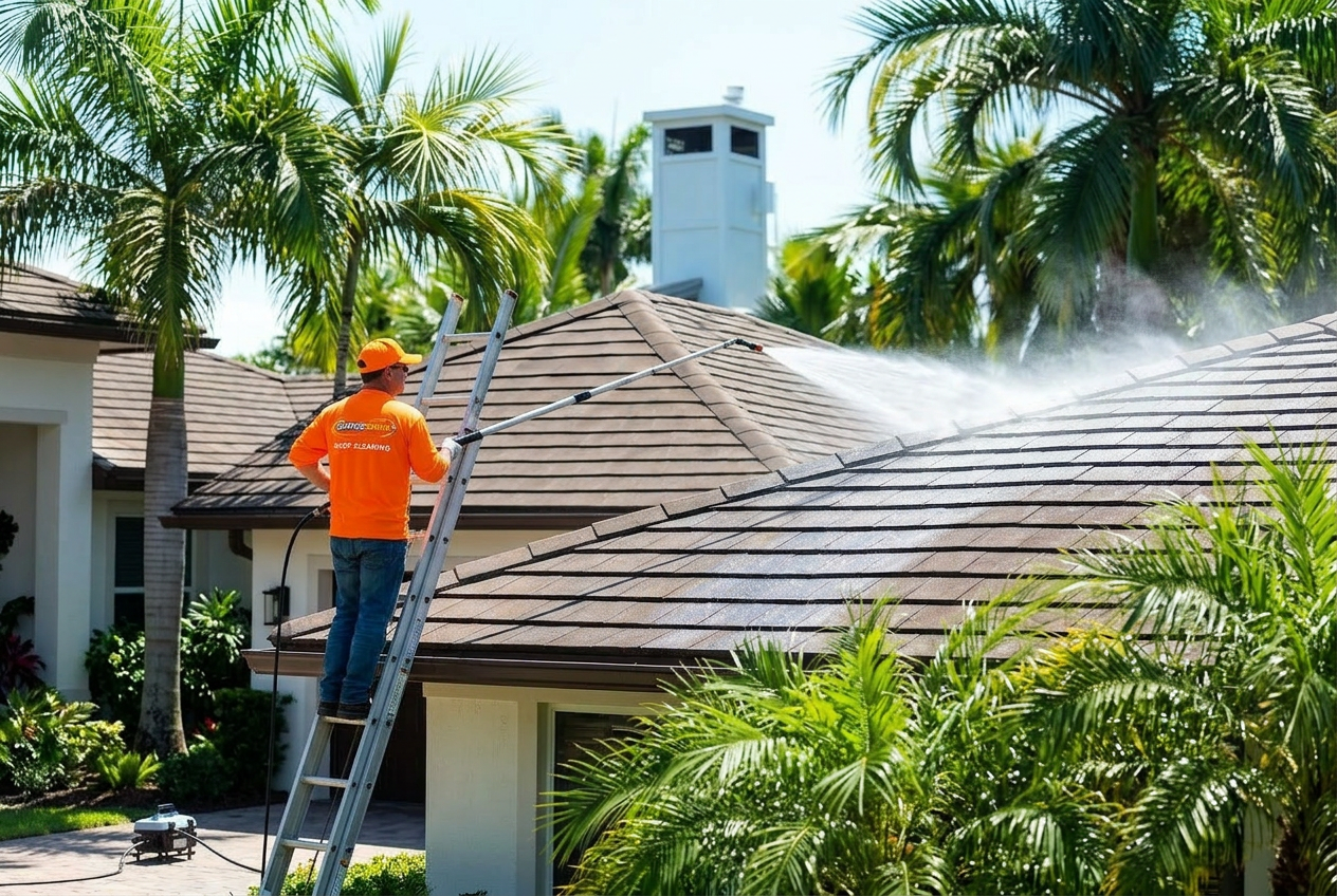 Roof cleaning technician in bright orange shirt treating a shingle roof on a sunny Florida home