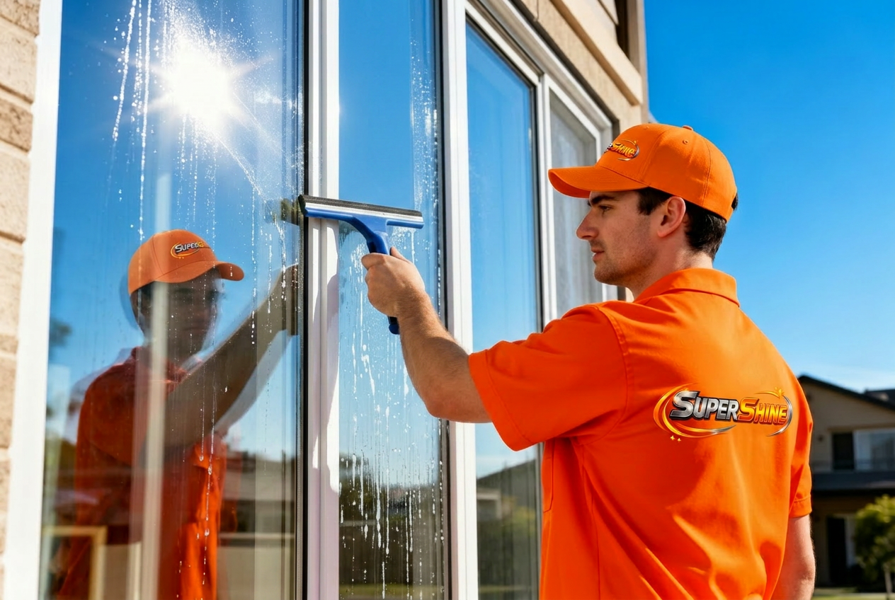 Window cleaning technician in bright orange branded shirt and hat squeegeeing a home window